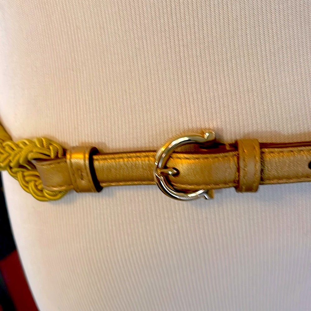 Ferragamo Gancio belt never worn , 35 inch small size woven&leather soft gold.